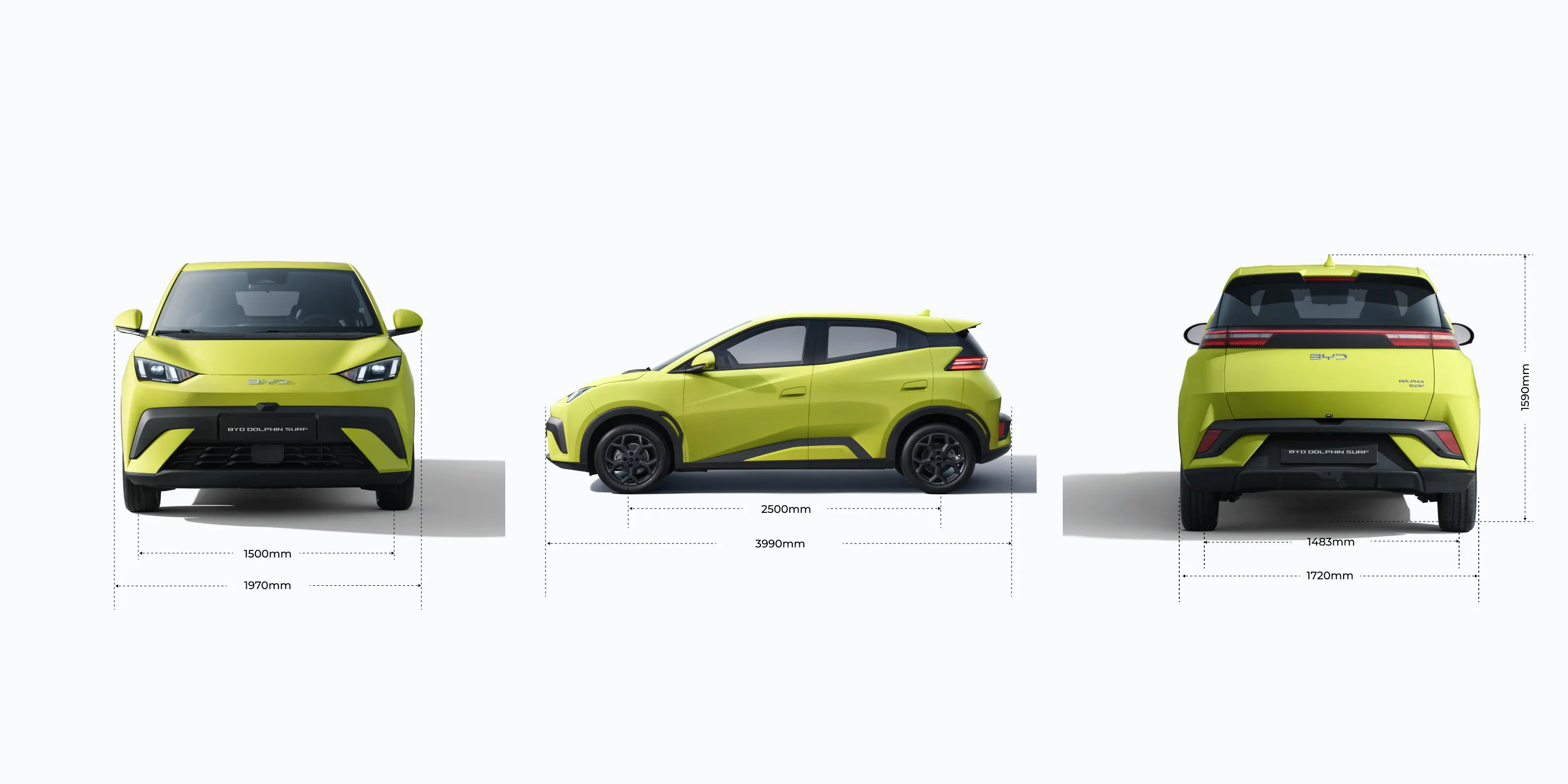 BYD DOLPHIN SURF — dimensiuni fata, lateral si spate